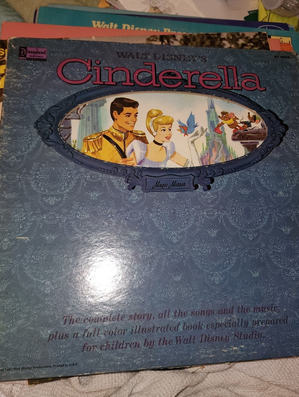 Vintage Disney Cinderella Vinyl Record Story Book Wall Art - Blue, Pink, Gold